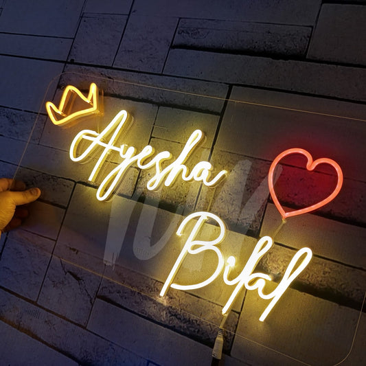 Couple Names Neon Sign | Double Name | Full name with first and Last Name with crown or Heart